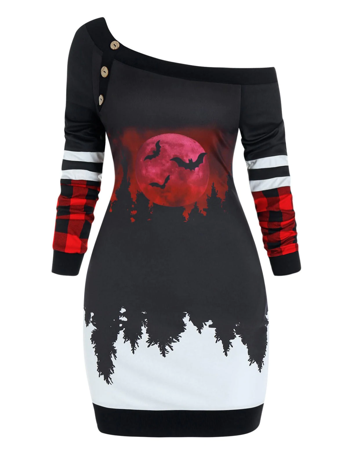 Halloween Moon Forest Plaid Print Skew Neck Sheath Dress