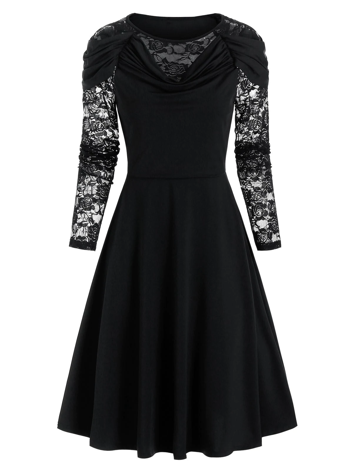 Long Sleeve Flower Lace Insert Draped Dress