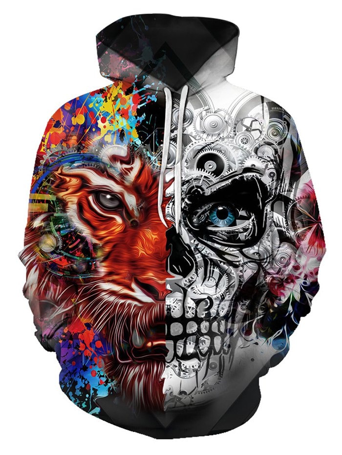 Two Face Tiger Pattern Front Pocket Pullover Hoodie