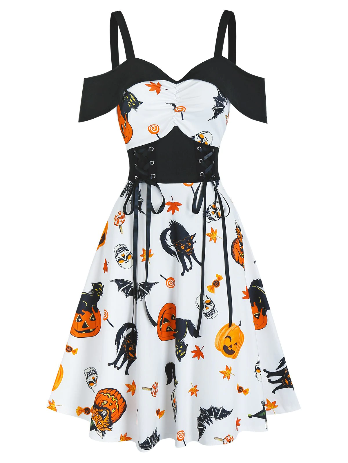 Halloween Pumpkin Animal Print Lace Up Ruched Midi A Line Dress