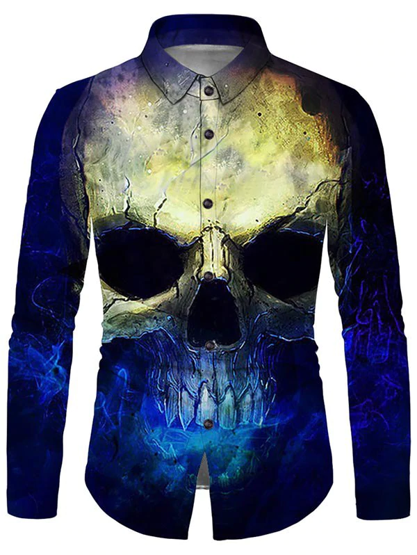 Halloween Skull Print Button Up Long Sleeve Shirt