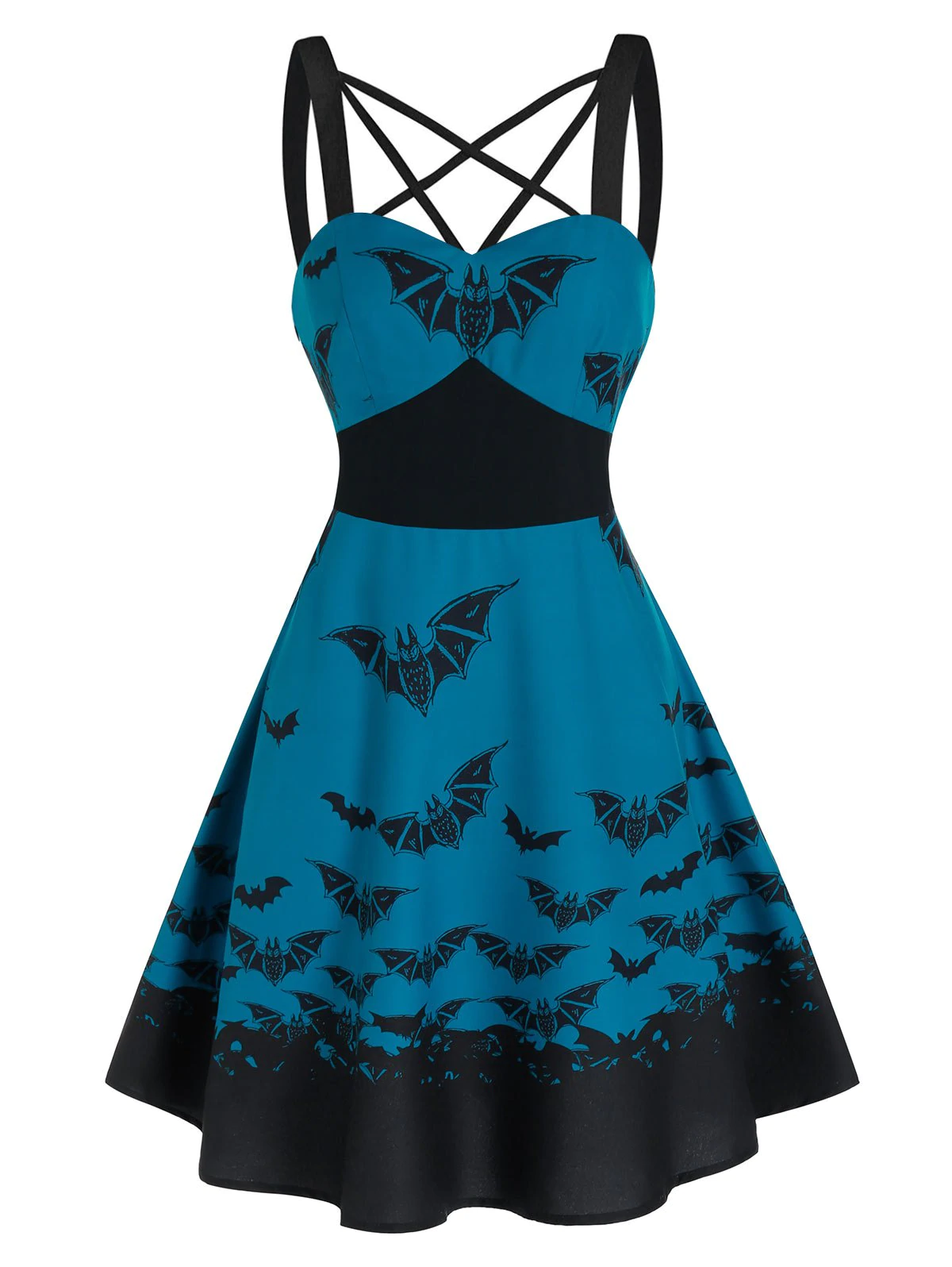 Front Strappy Bat Print High Waist Mini Cami Dress