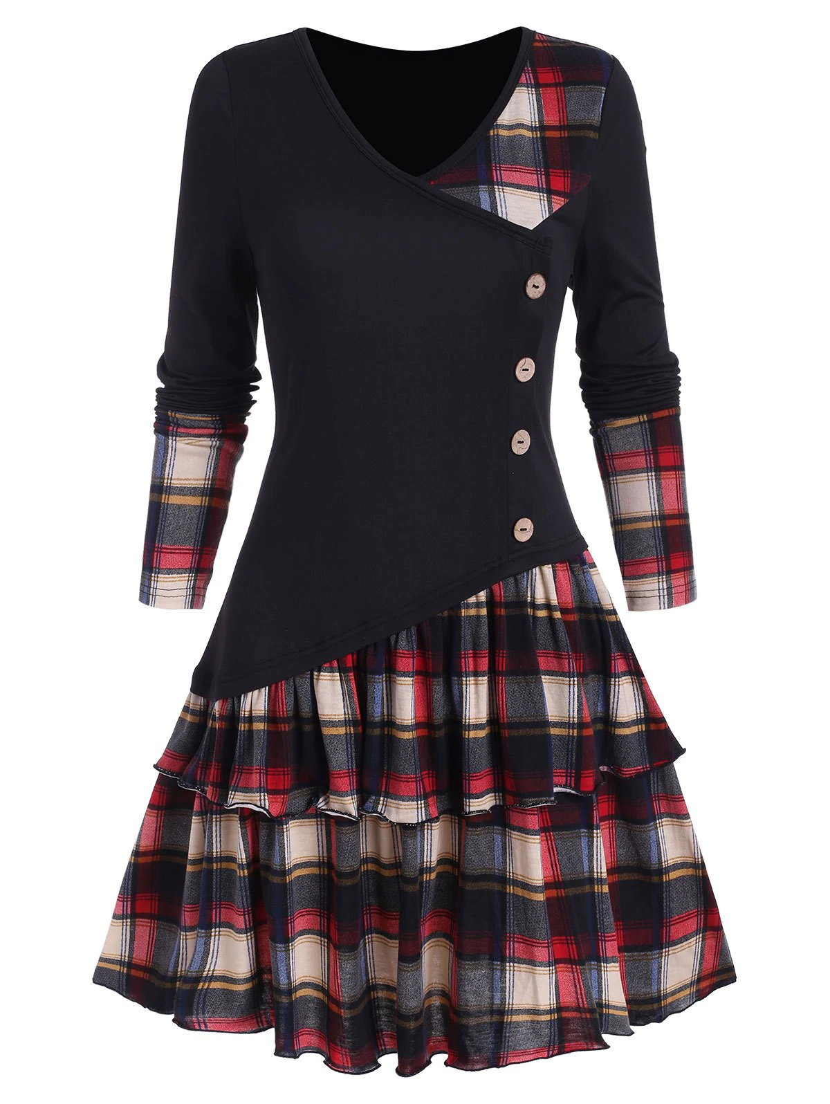 Plaid Colorblock Button Asymmetric Layered Dress