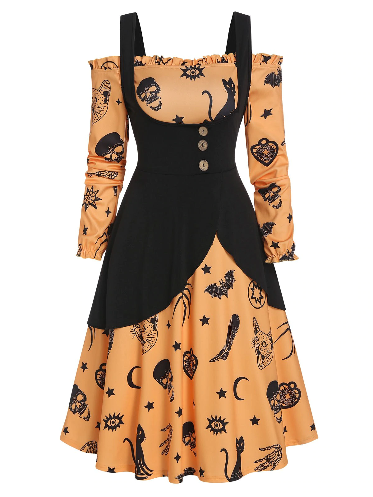 Halloween Printed Ruffled Trim Button Two Piece Dress