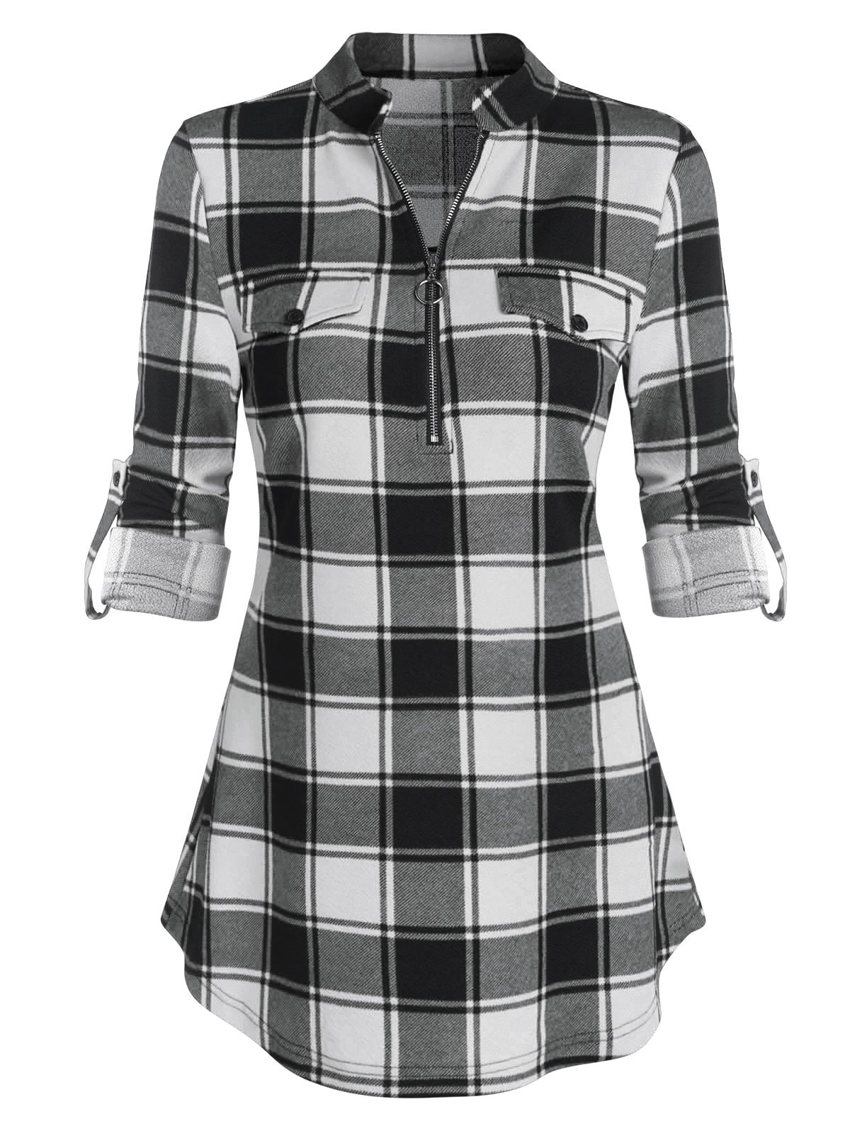 Plaid Print Cuffed Sleeve Half Zip Blouse