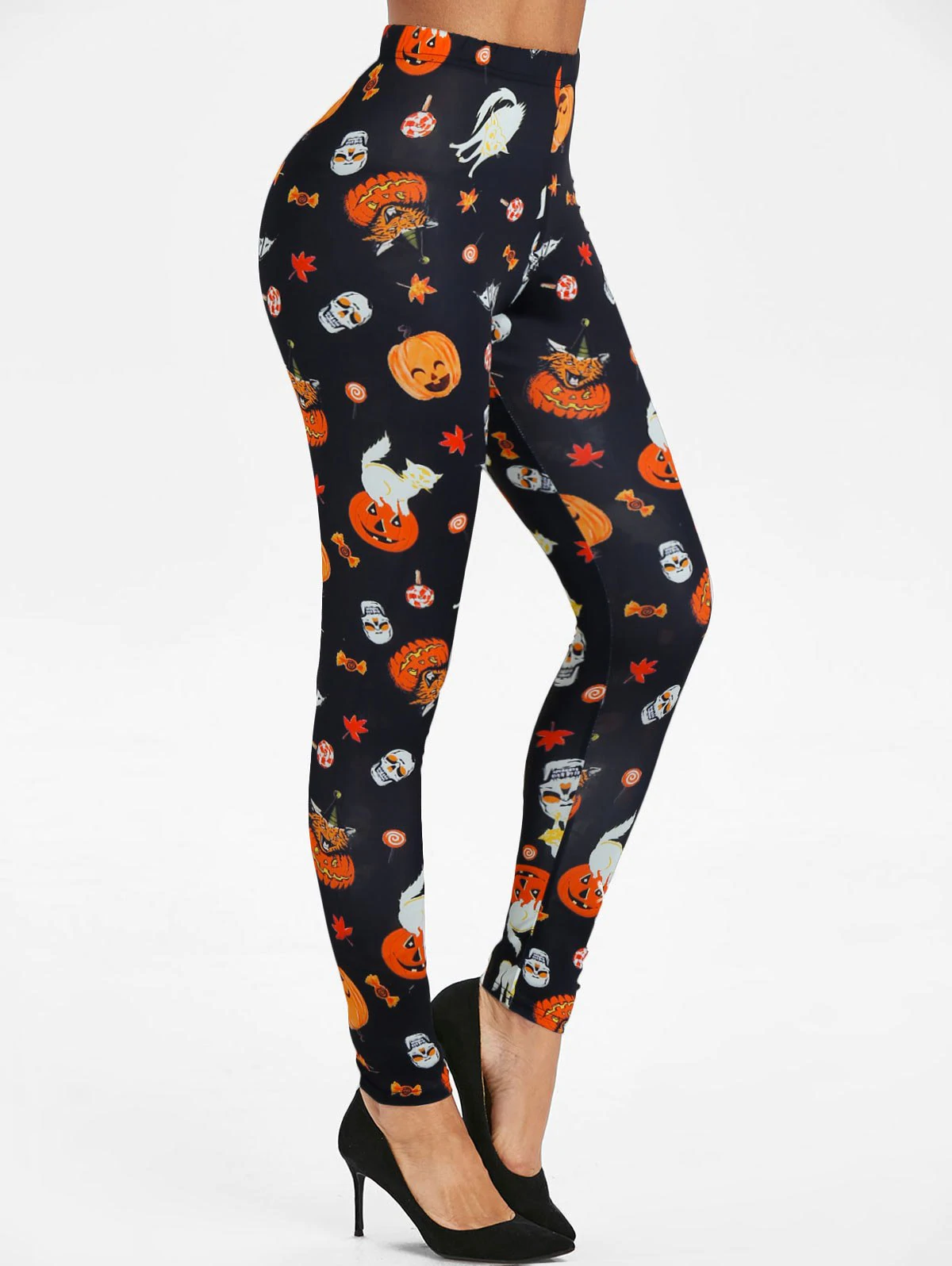 Halloween Cat Bat Skull Print Skinny Leggings