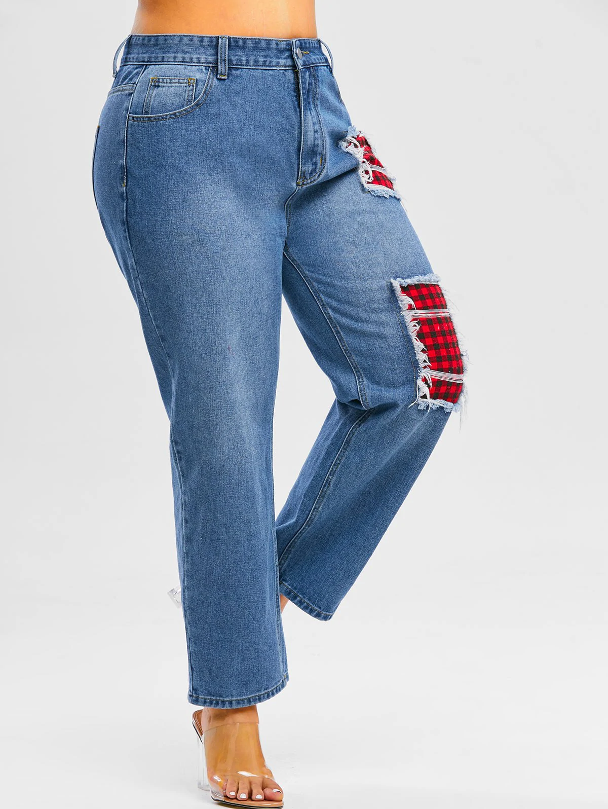 Plus Size Plaid Patch Distressed Jeans