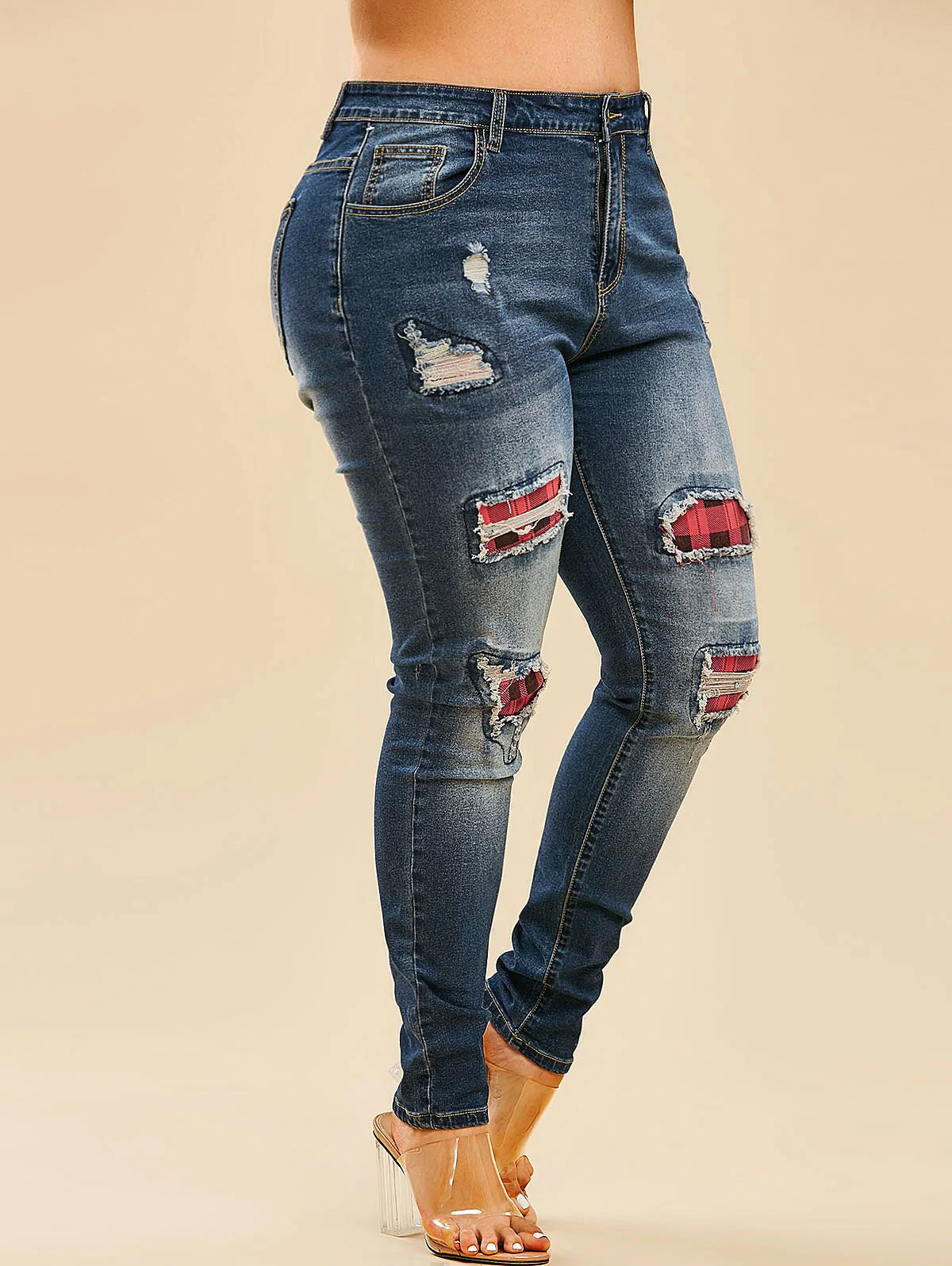 Plaid Panel Ripped Plus Size Skinny Jeans