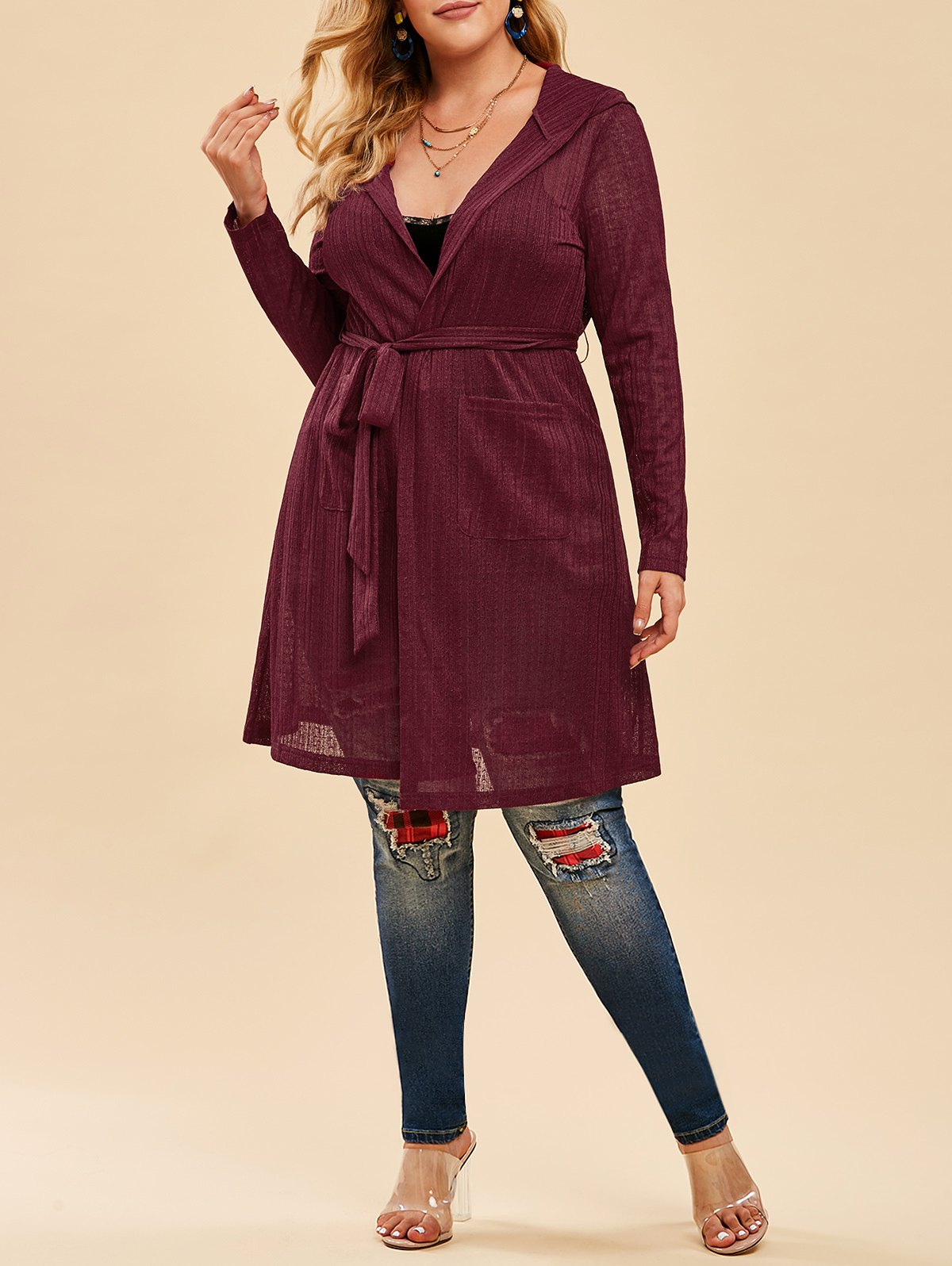 Plus Size Hooded Open Front Belted Cardigan