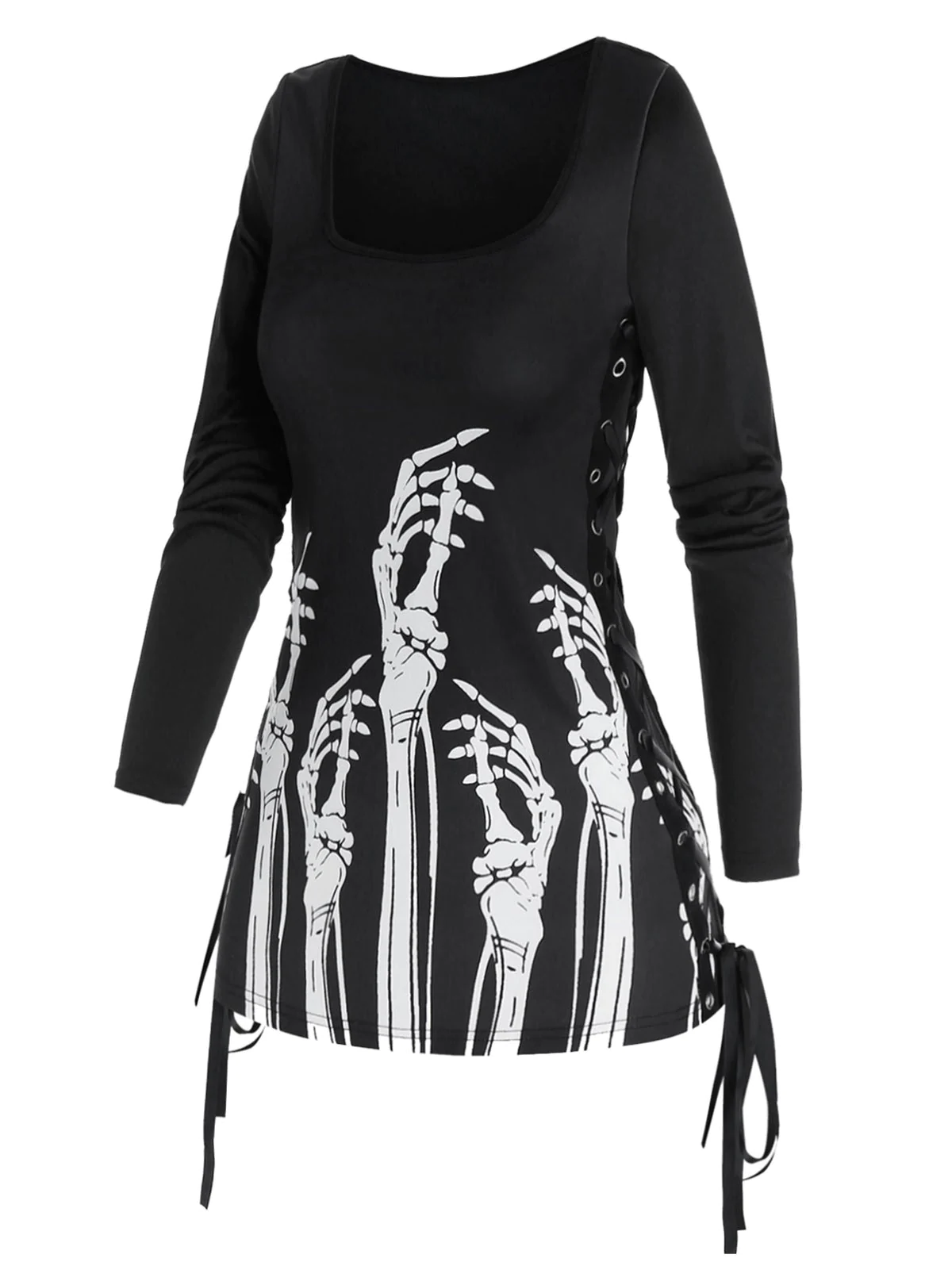 Gothic Lace Up Skeleton Hands Print T Shirt