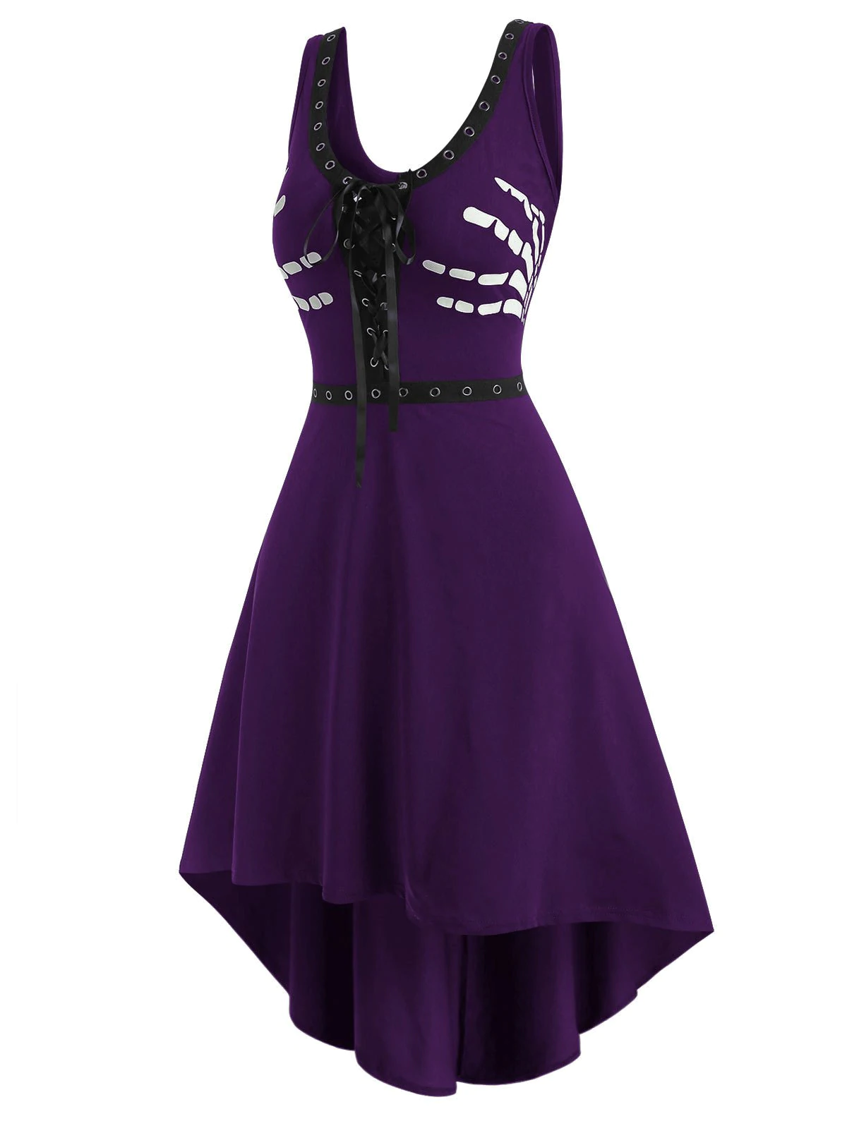 Grommet Lace-up Halloween Skeleton High Low Tank Dress