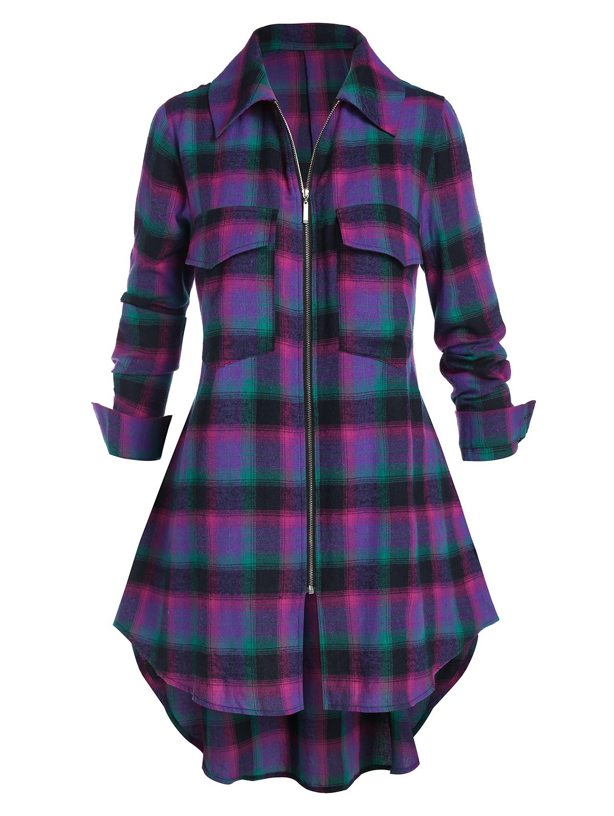 Plus Size Plaid Zip Dual Pocket Tunic Blouse