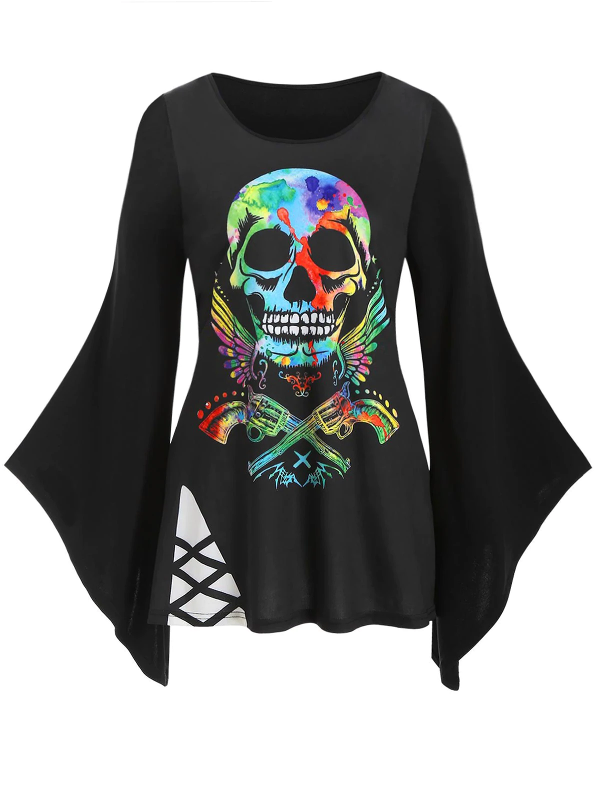 Plus Size Halloween Skull Gun Print Bell Sleeve T Shirt