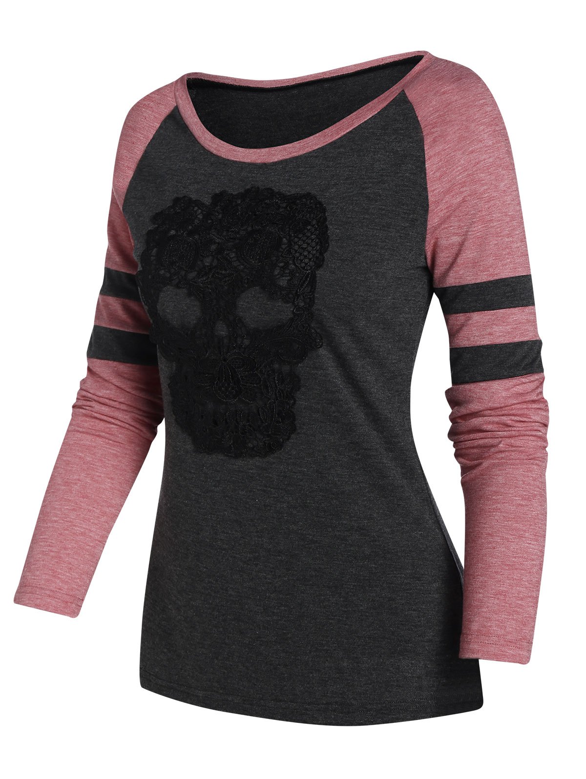 Halloween Skull Lace Panel Contrast Raglan Sleeve T-shirt