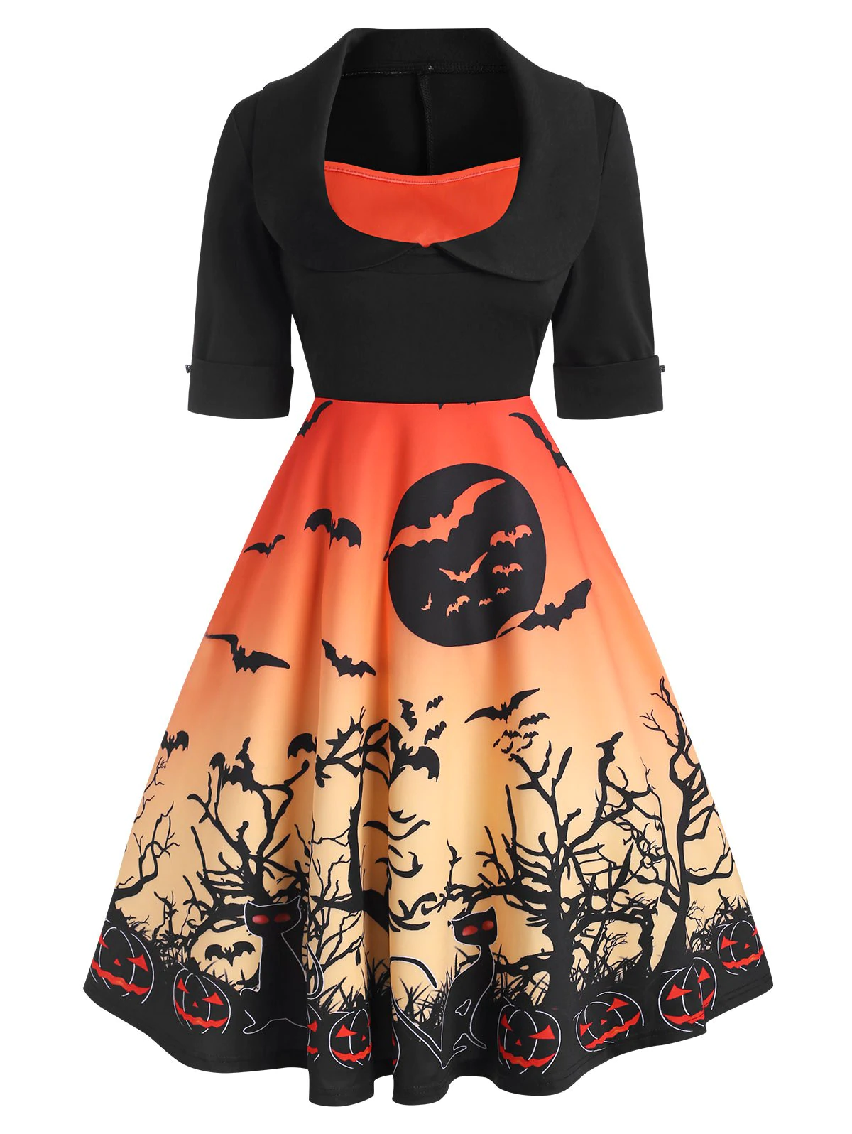 Halloween Cuffed Pumpkin Bat Print Collared Dress