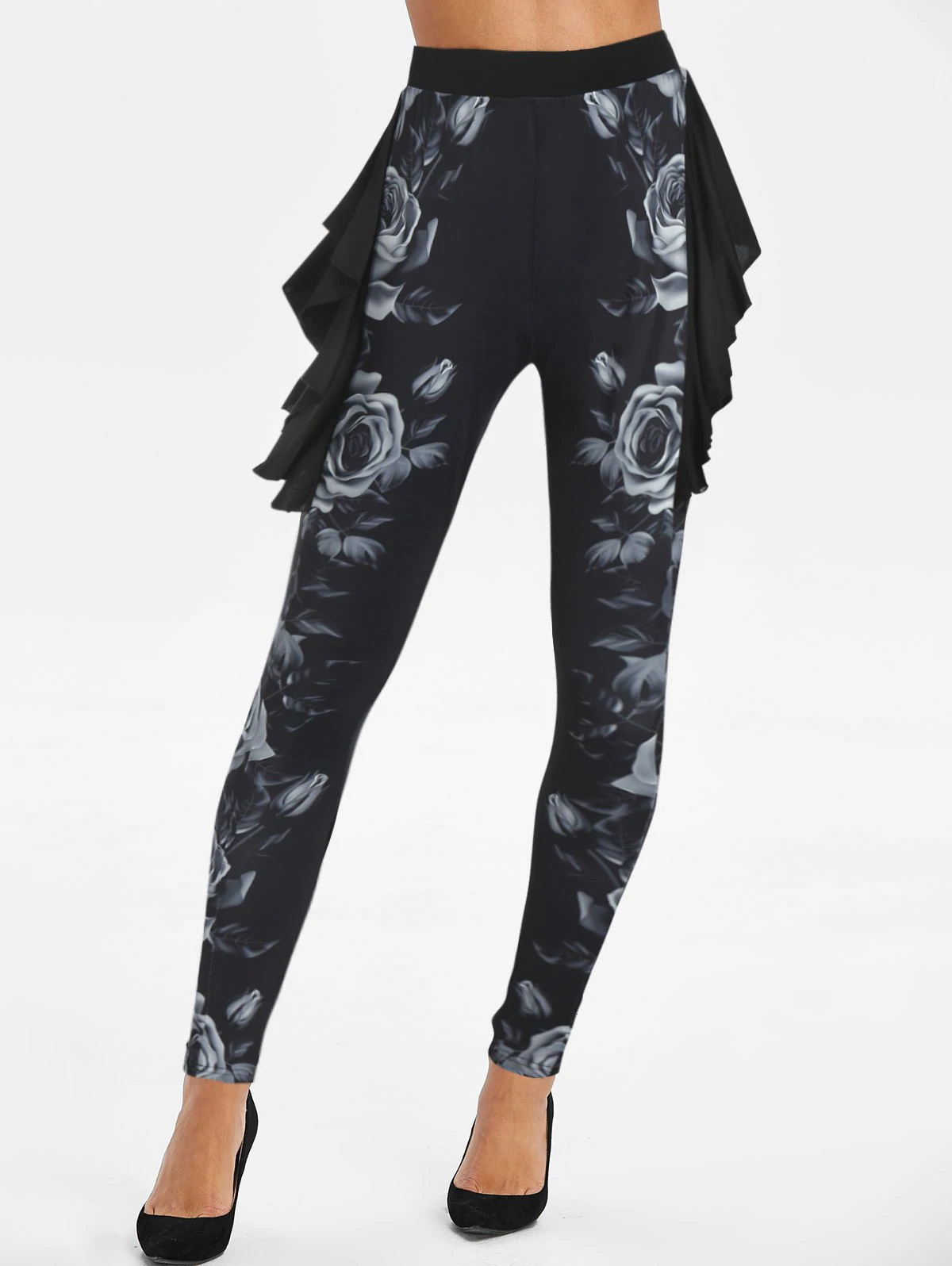 Floral Print Side Frill Pull On Leggings