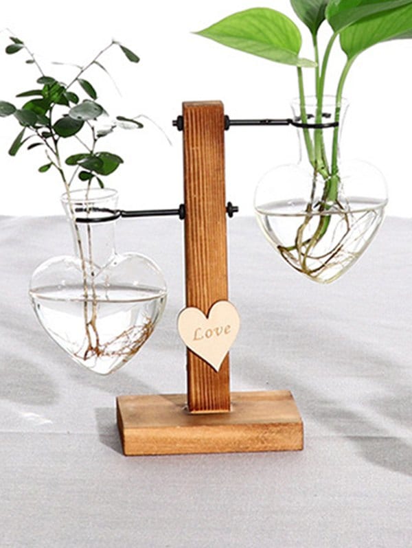 Wooden Rack Water Plant Heart Shape Glass Vase