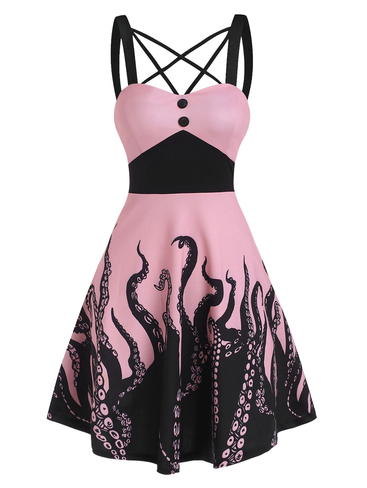 Criss Cross Octopus Print Mock Button Dress