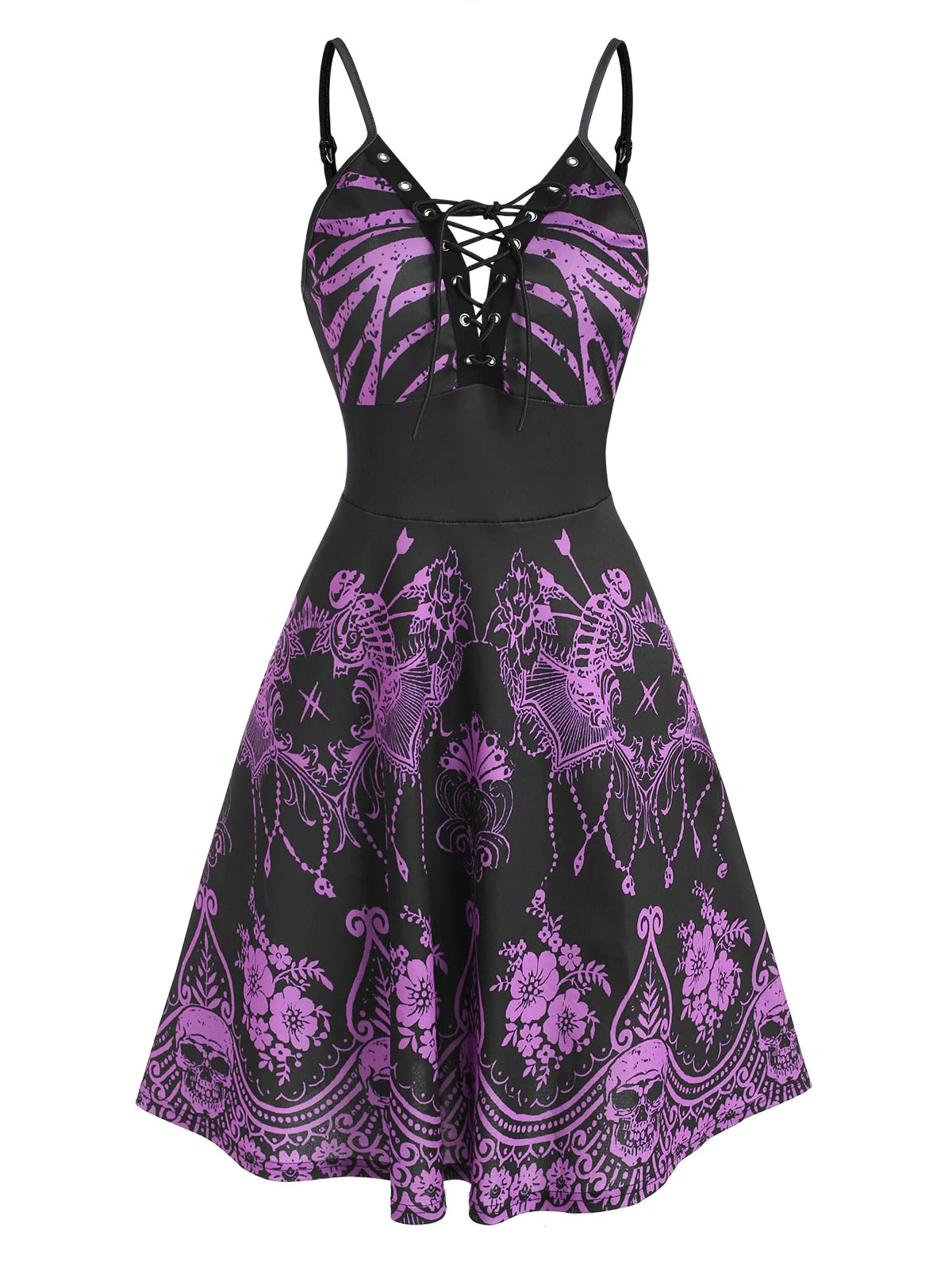 Halloween Skeleton Floral Lace-up Cami Dress