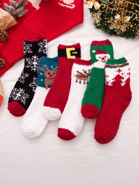 6 Pairs Christmas Print Floor Towel Socks Set