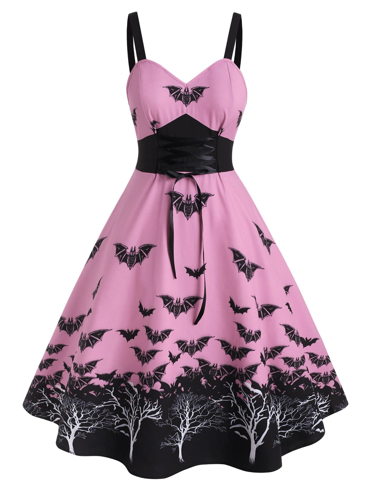 Plus Size Halloween Vintage Bat Print Lace Up Dres