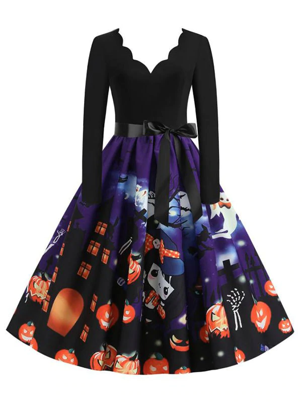 Long Sleeve Scalloped Collar Pumpkin Halloween Dress