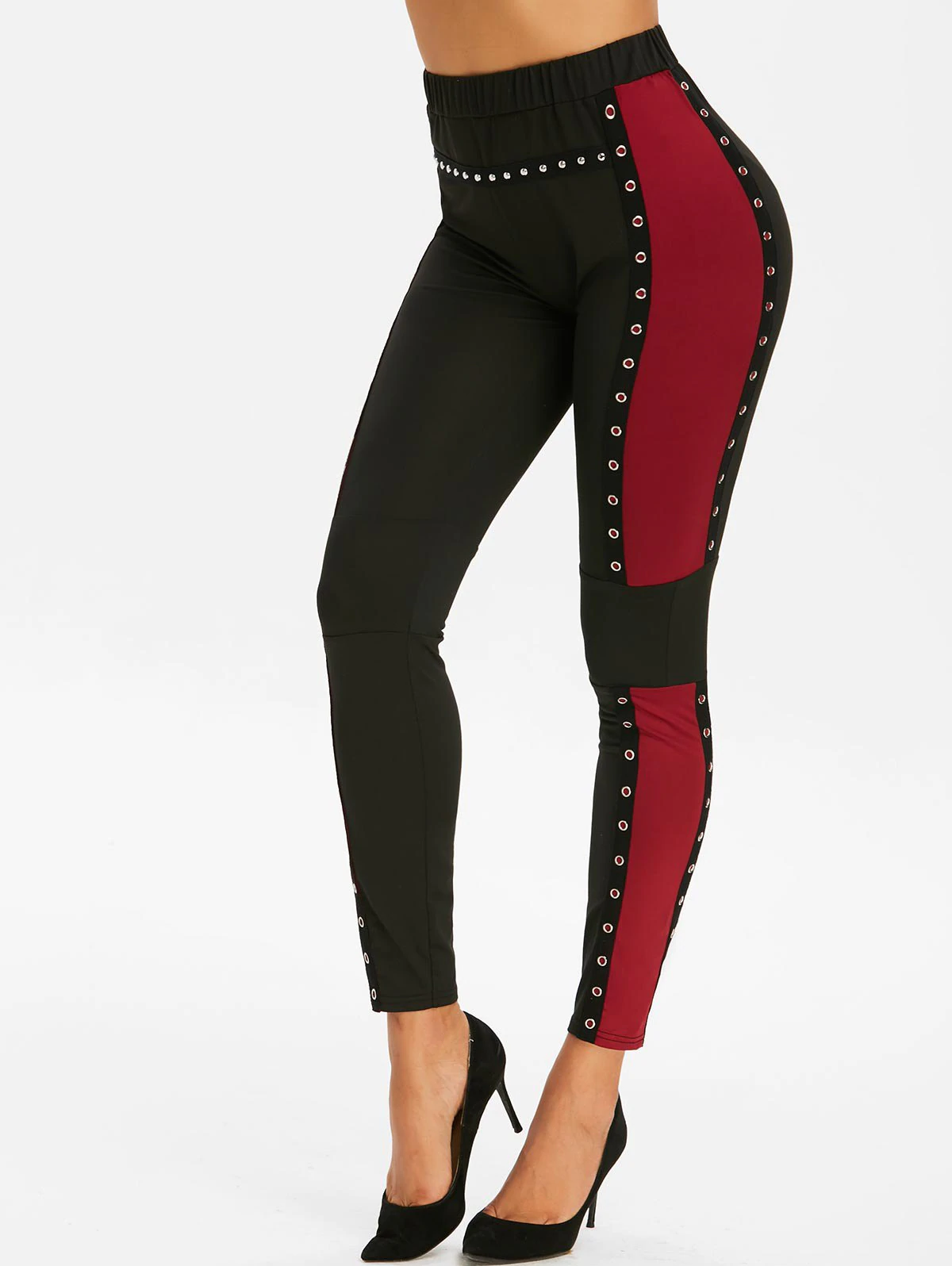 Contrast Color Grommet Studded Skinny Elastic Waist Leggings