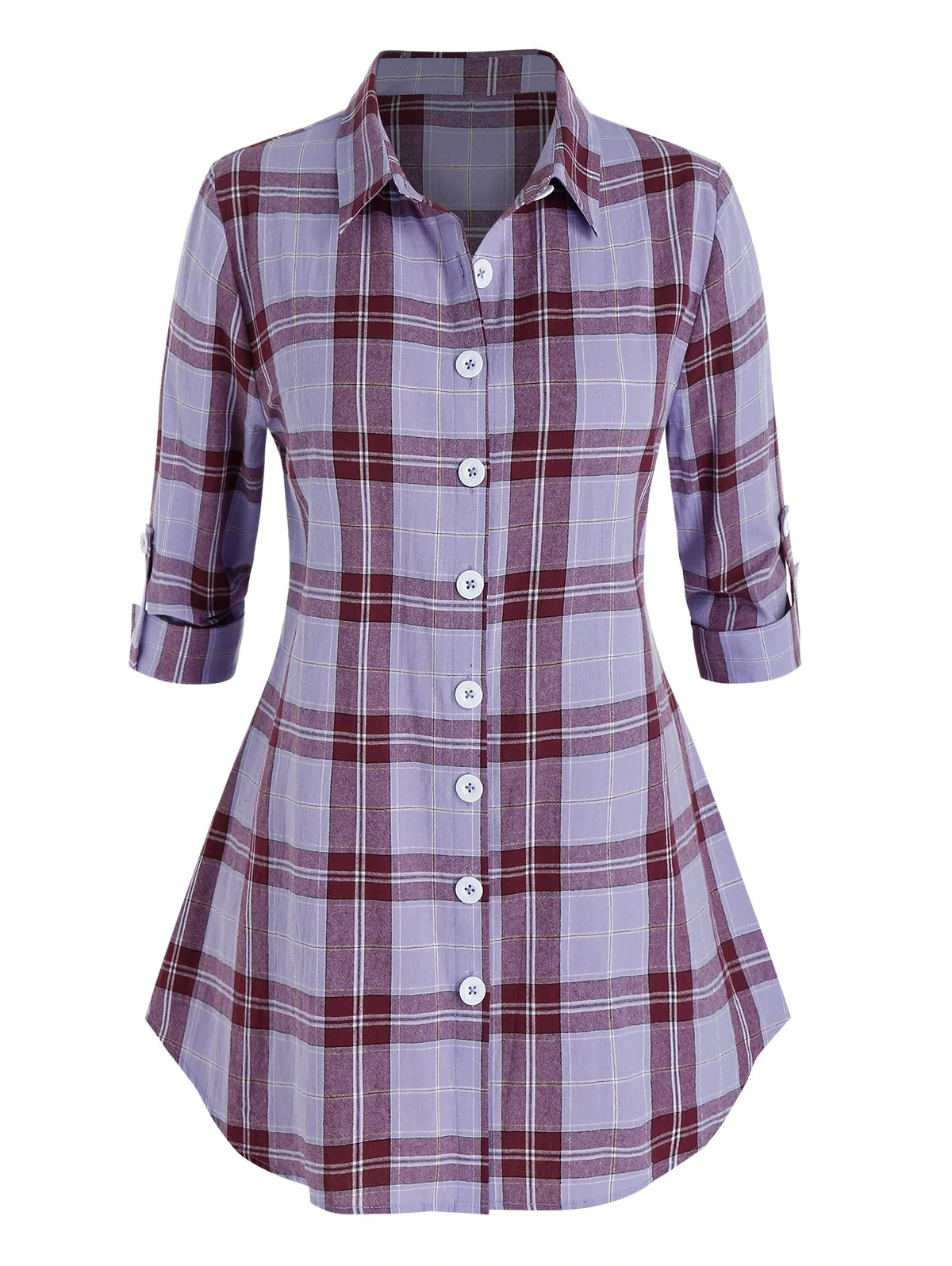 Plus Size Plaid Curved Hem Rolled Up Sleeve Shirt