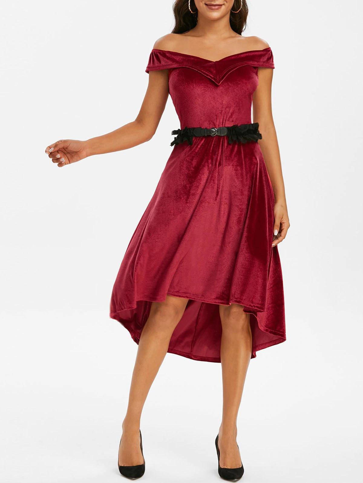 Off The Shoulder Velvet High Low Dress with Lace Belt