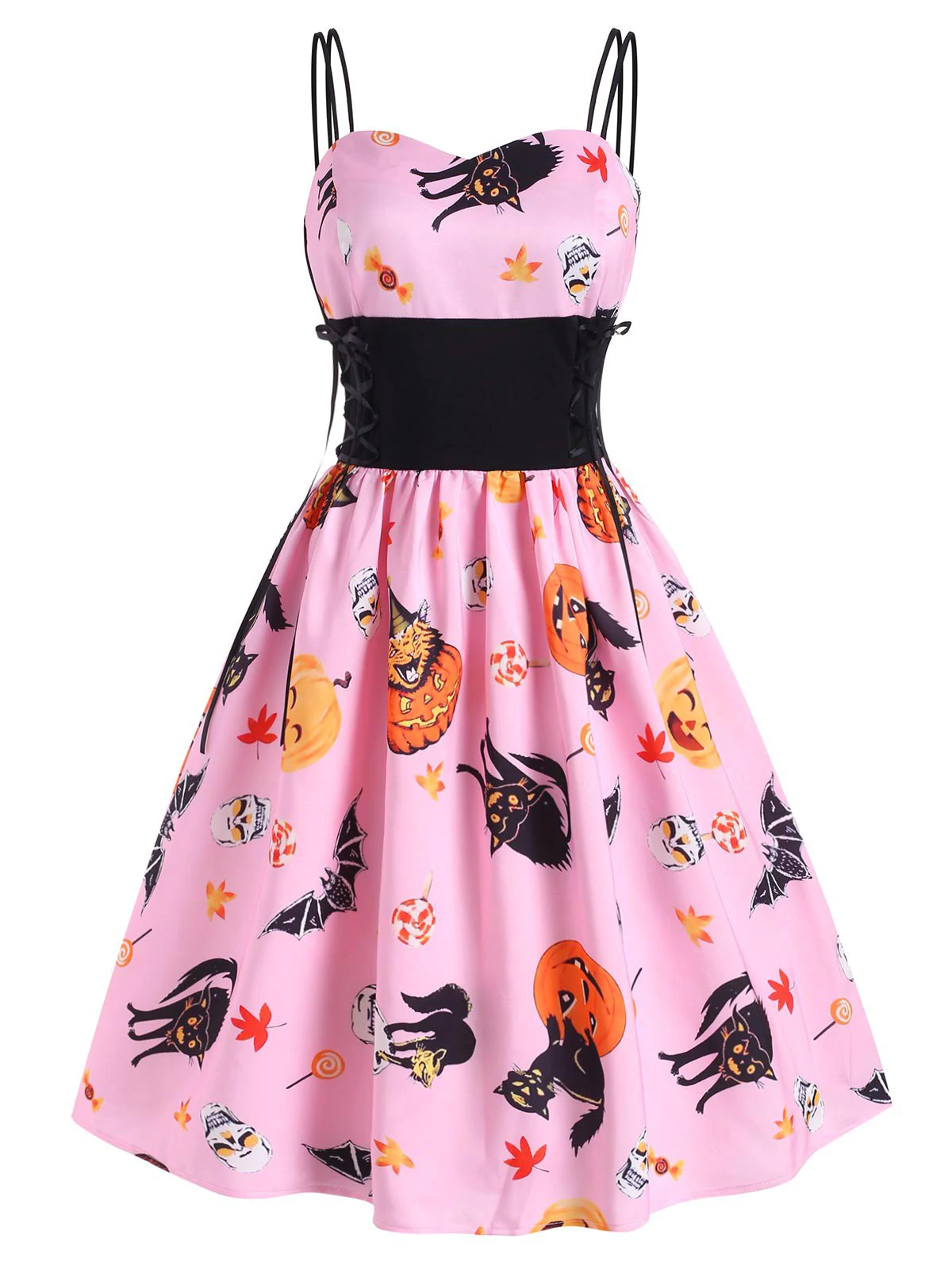 Halloween Pumpkin Bat Skull Print Lace Up Dress