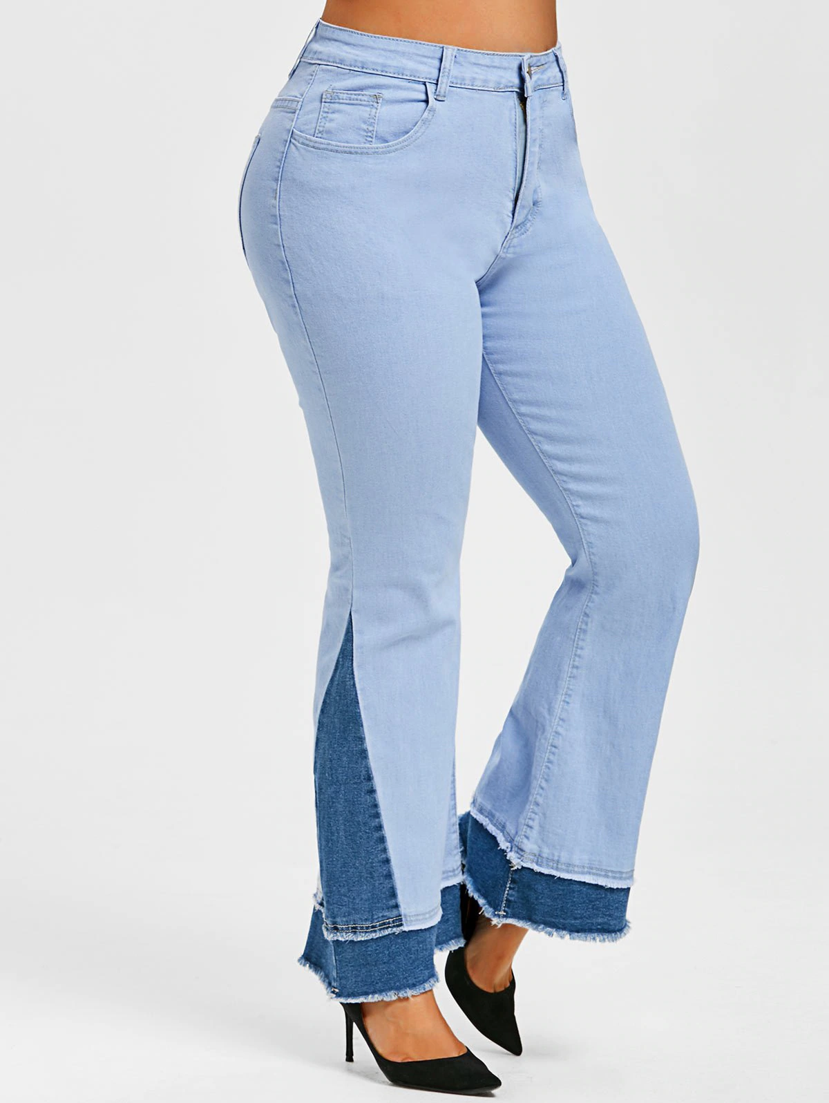 Plus Size Two Tone Frayed Bell Bottom Jeans