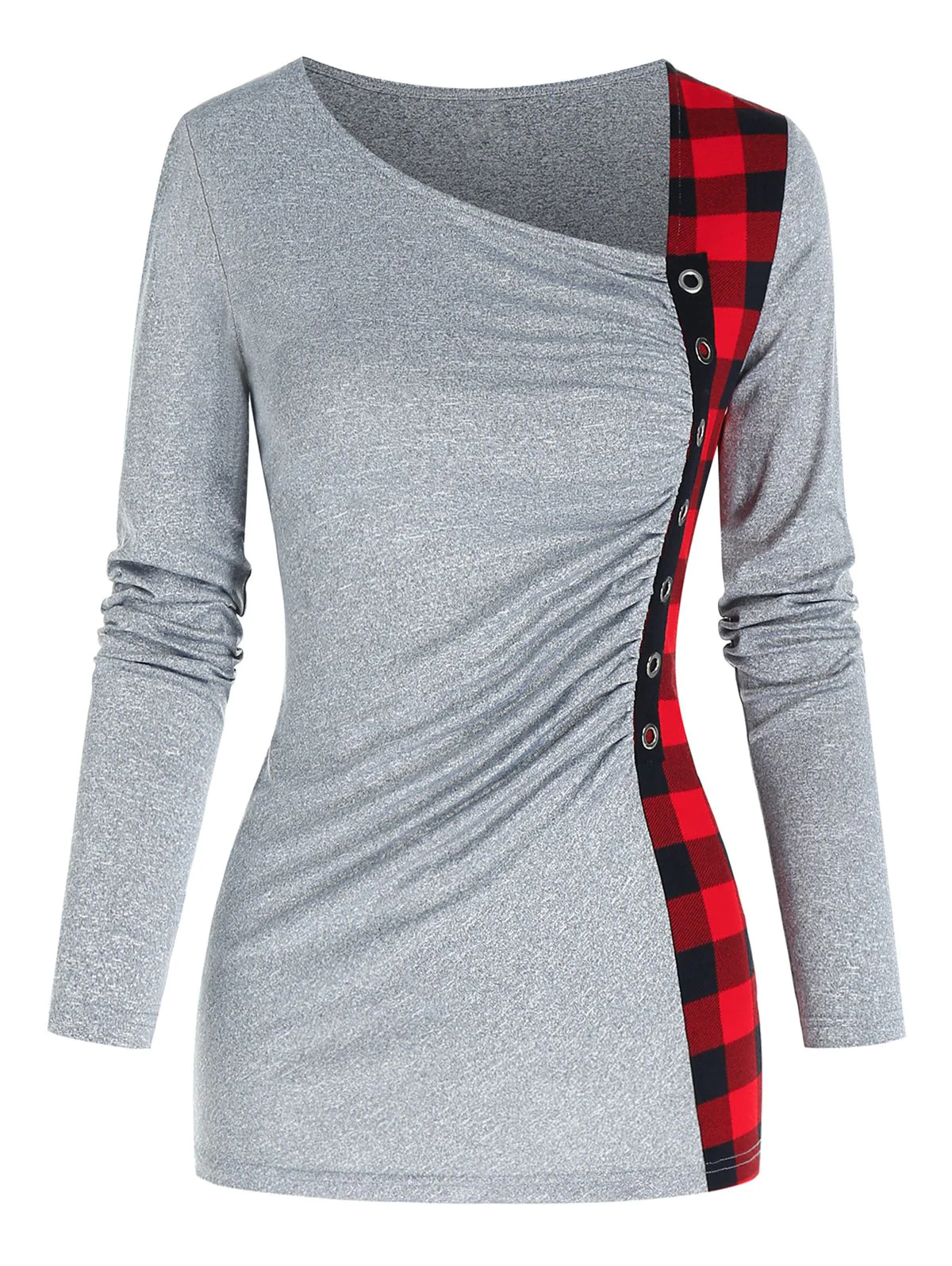 Plaid Panel Grommet Ruched T Shirt