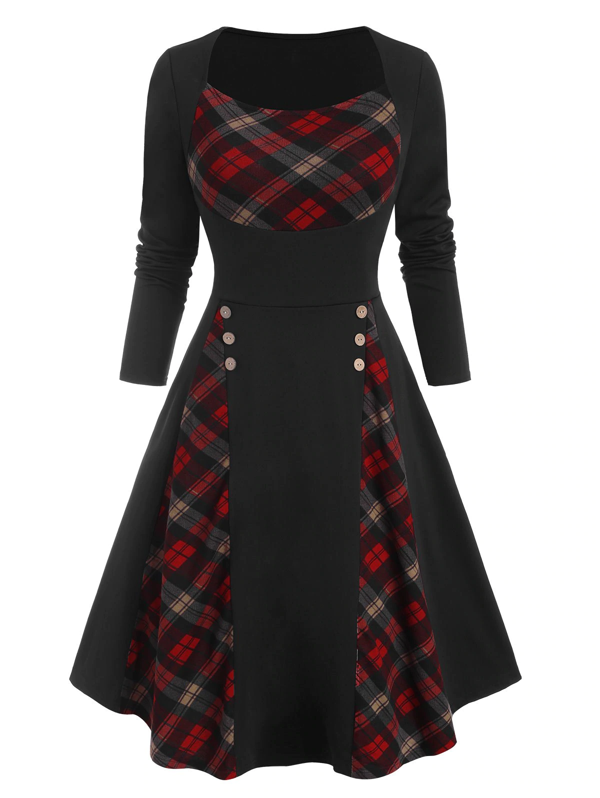 Plaid Insert Mock Button Long Sleeve Dress