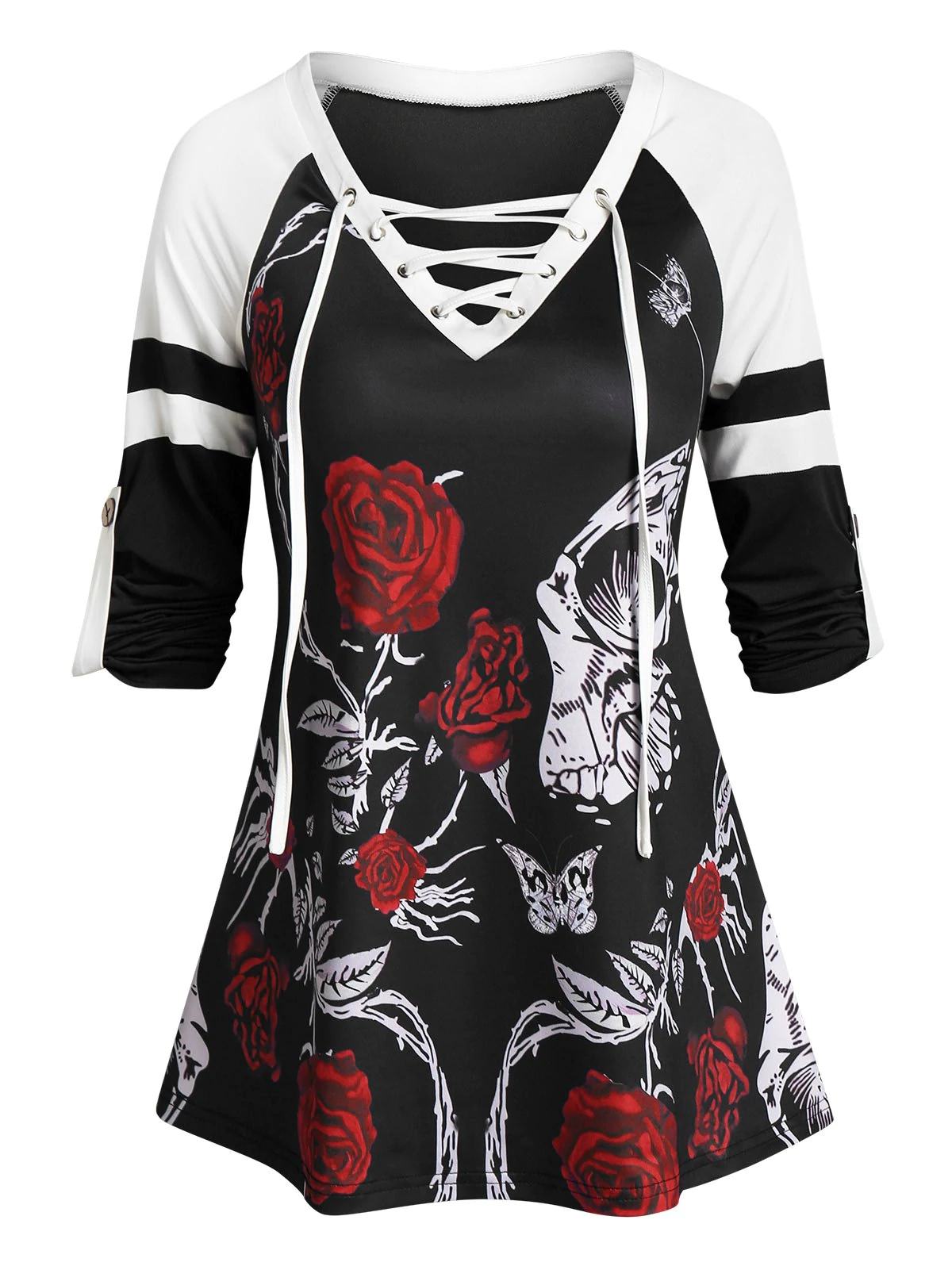 Halloween Skeleton Flower Print Lace-up Raglan Sleeve T-shirt