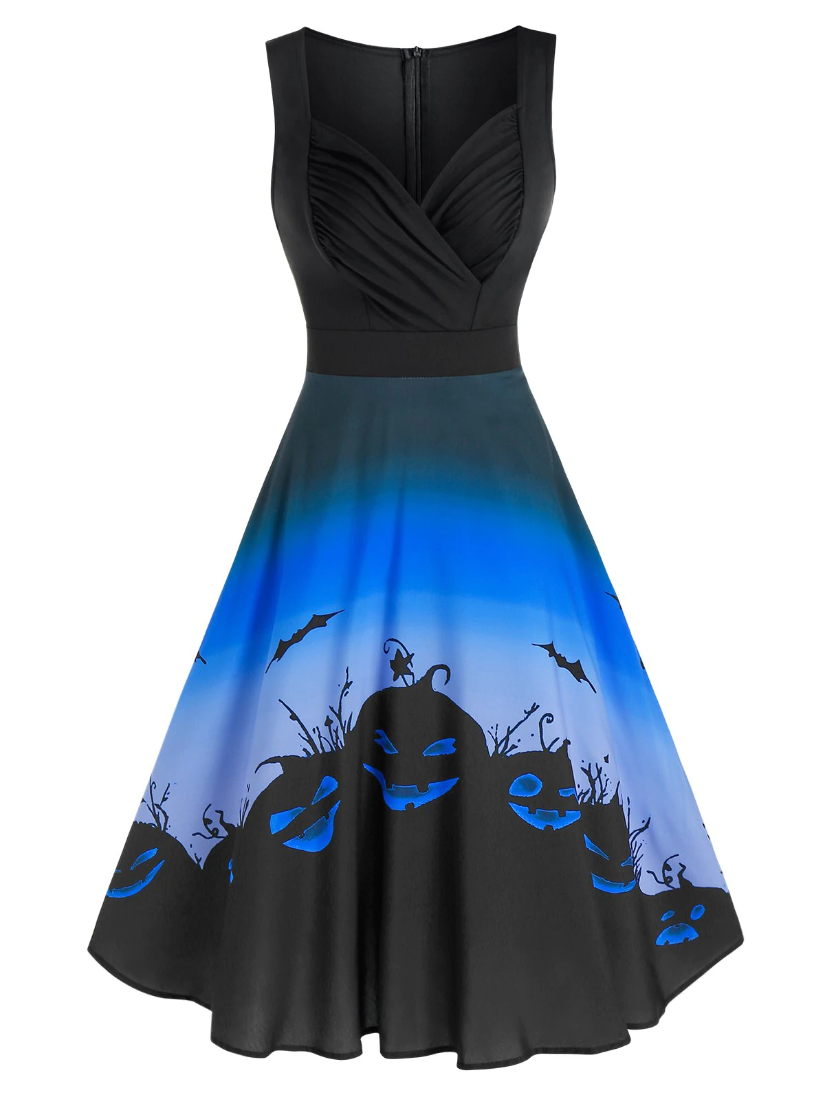 Halloween Pumpkin Print High Waist Sleeveless Mid Calf Dress