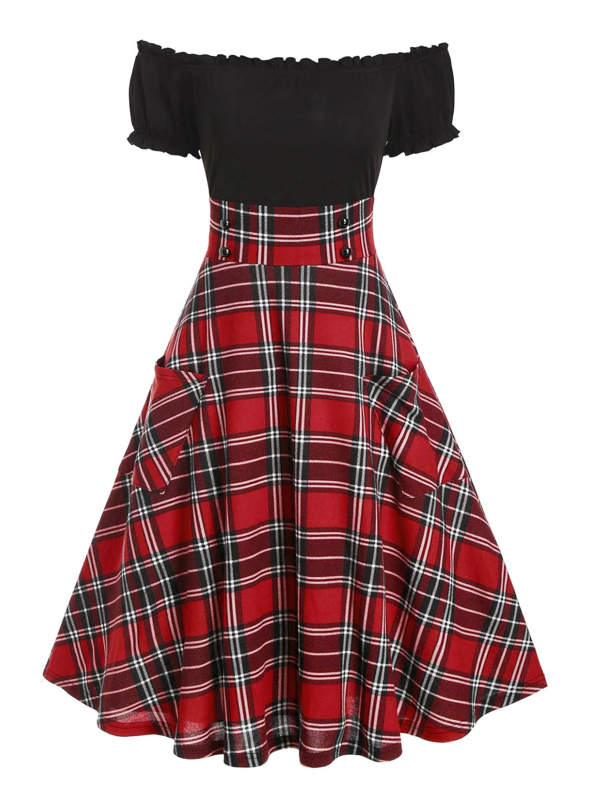 Off The Shoulder Plaid Print Double Pockets Dress