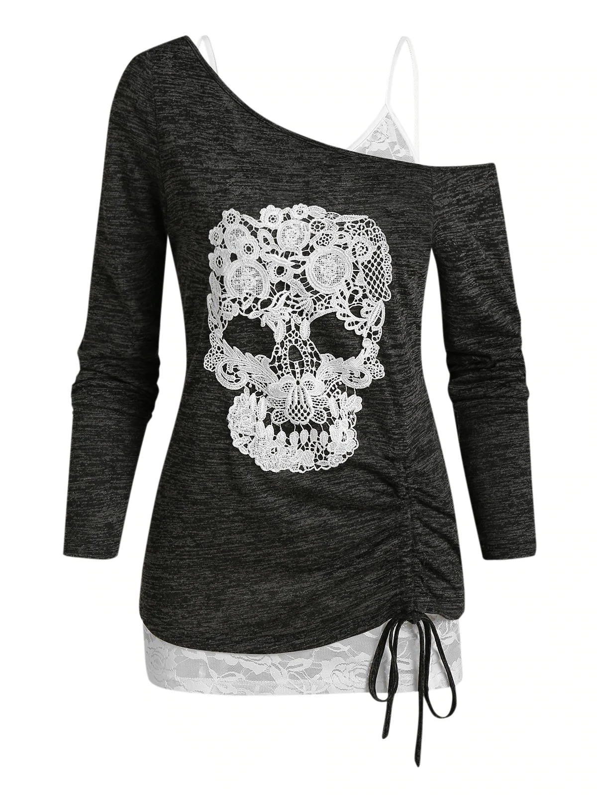 Skull Lace Pattern Cinched Hem Two Piece T Shirt