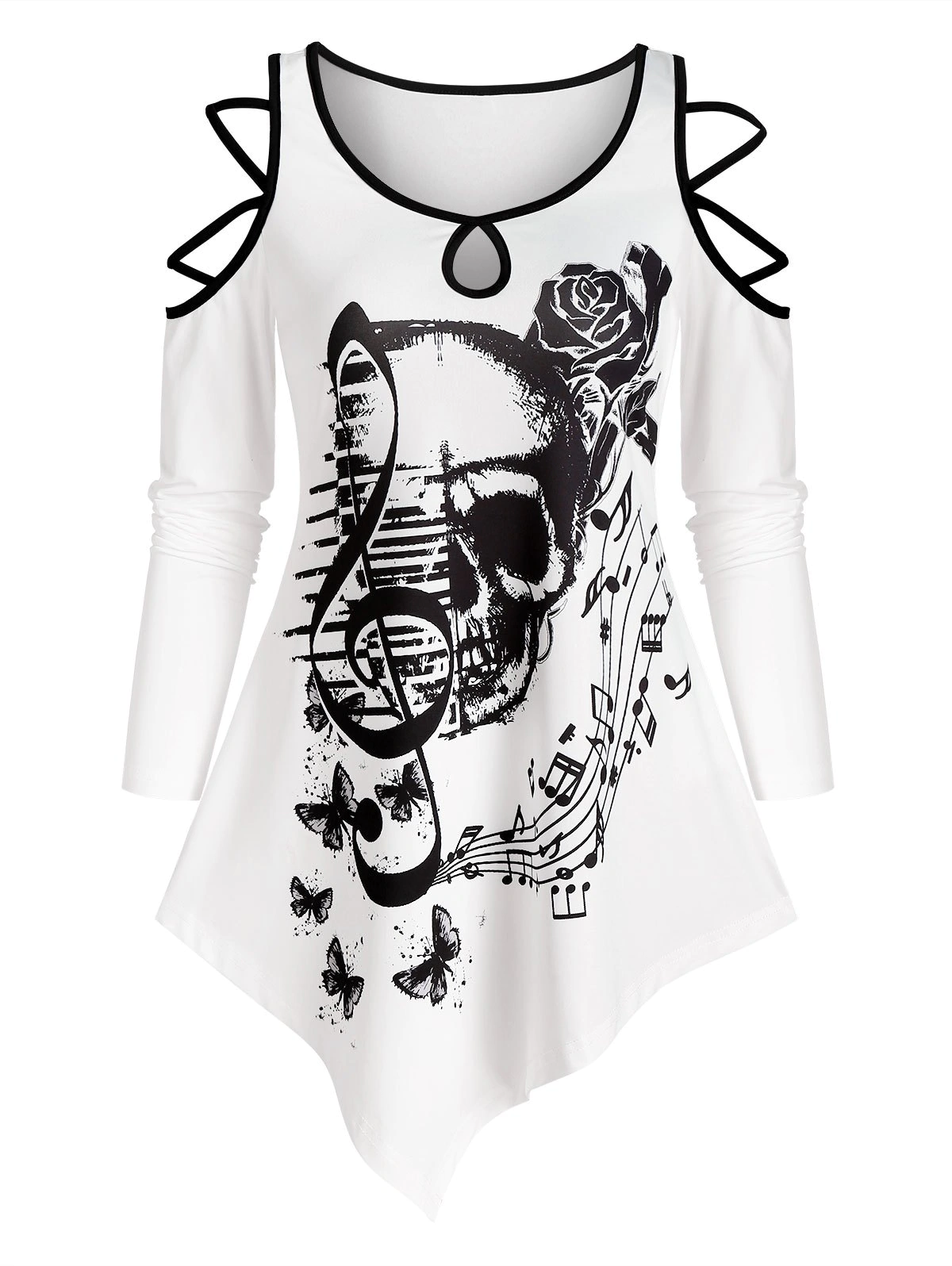 Music Skull Graphic Keyhole Crisscross Asymmetrical T Shirt