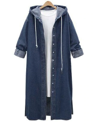 Plus Size Hooded Drawstring Long Denim Jacket