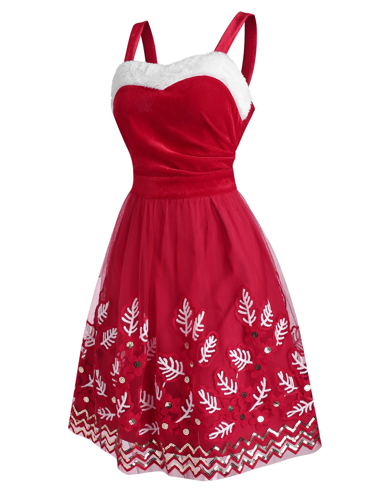 Christmas Leaves Mesh Velvet Sequins Dress