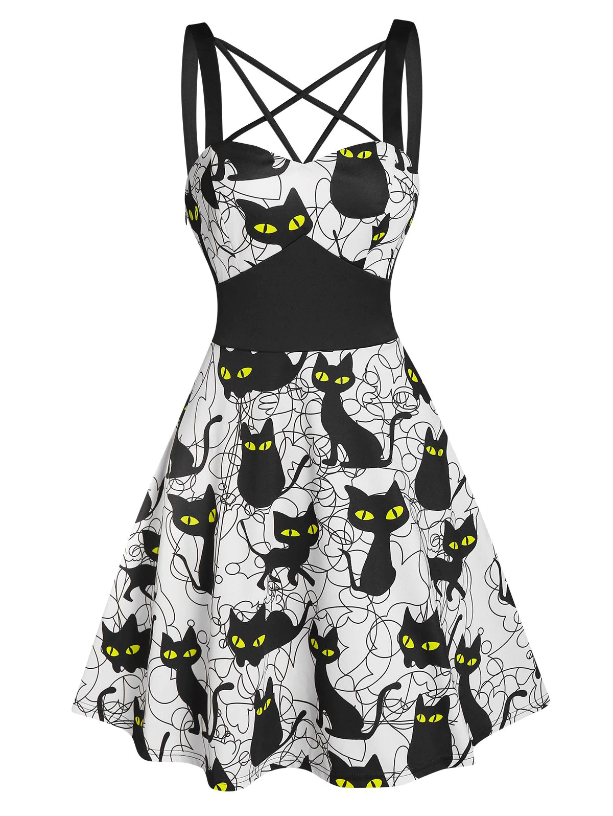 Halloween Strappy Crisscross Cat Print Dress