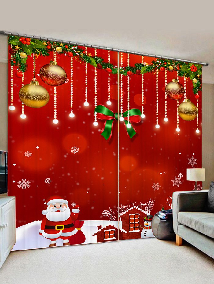 2 Panels Christmas Balls Santa Claus Snowman Print Window Curtai