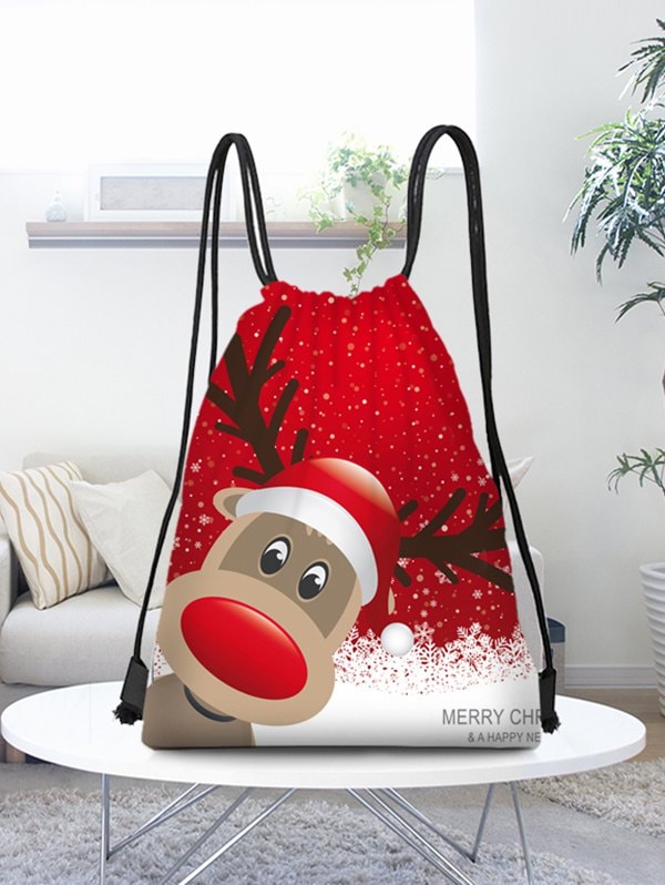 Christmas Cartoon Elk Digital Print Cinched Bag