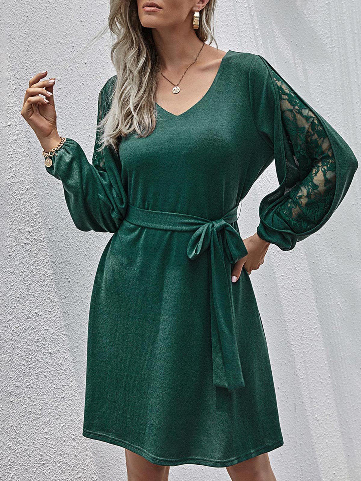 Lace Panel Split Sleeve Belted Knit Dress