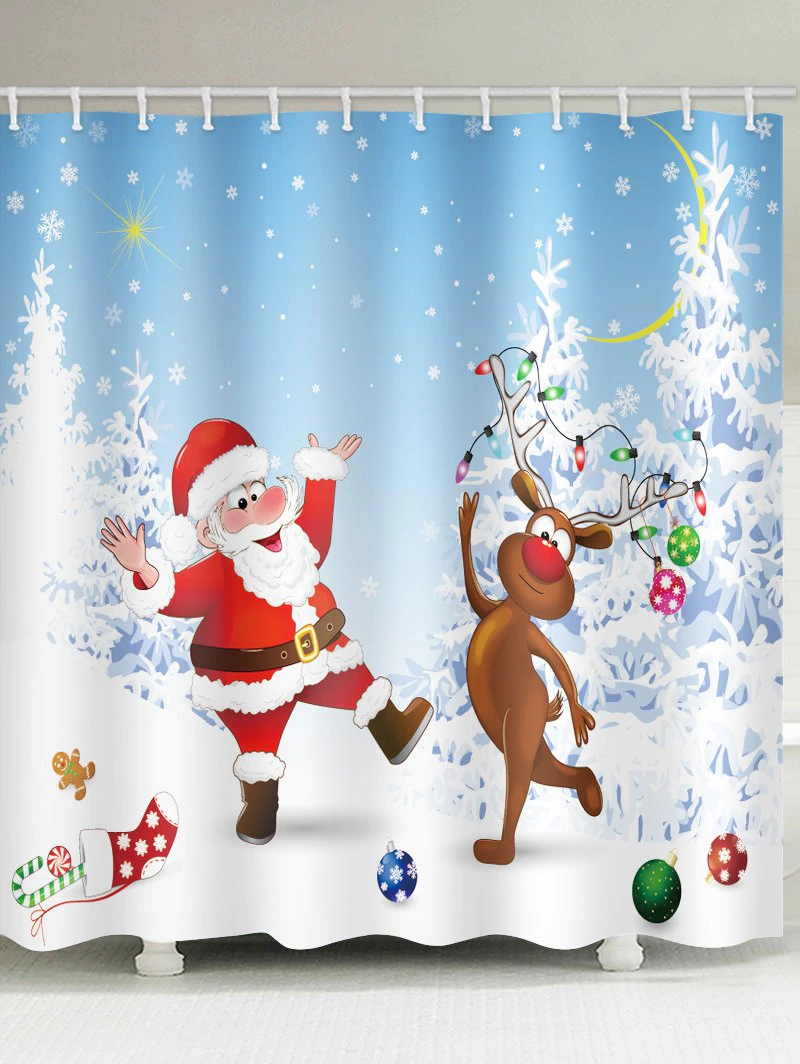 Christmas Cartoon Santa Elk Print Waterproof Shower Curtain