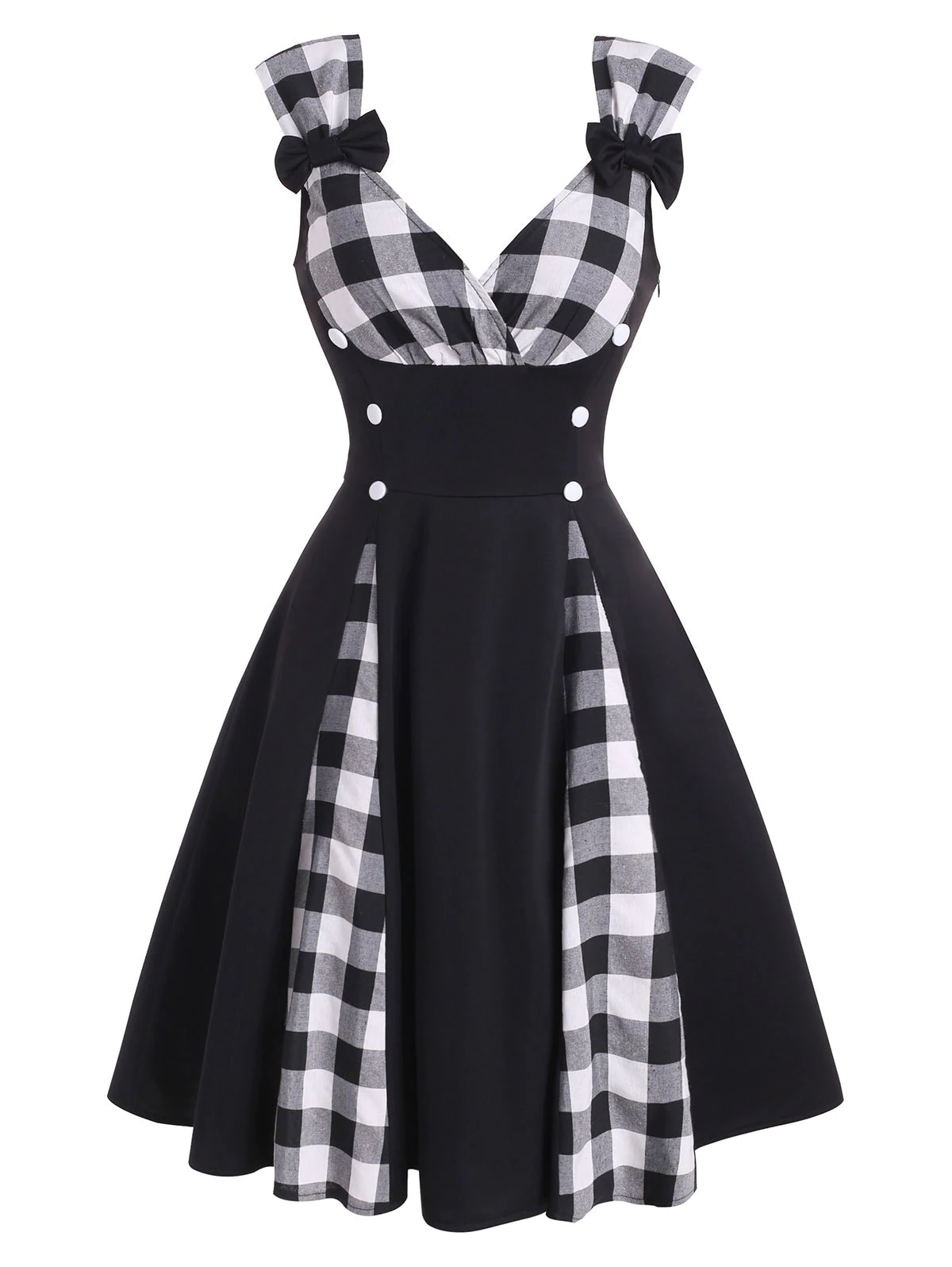 Plaid Insert Bowknot Mock Button Dress