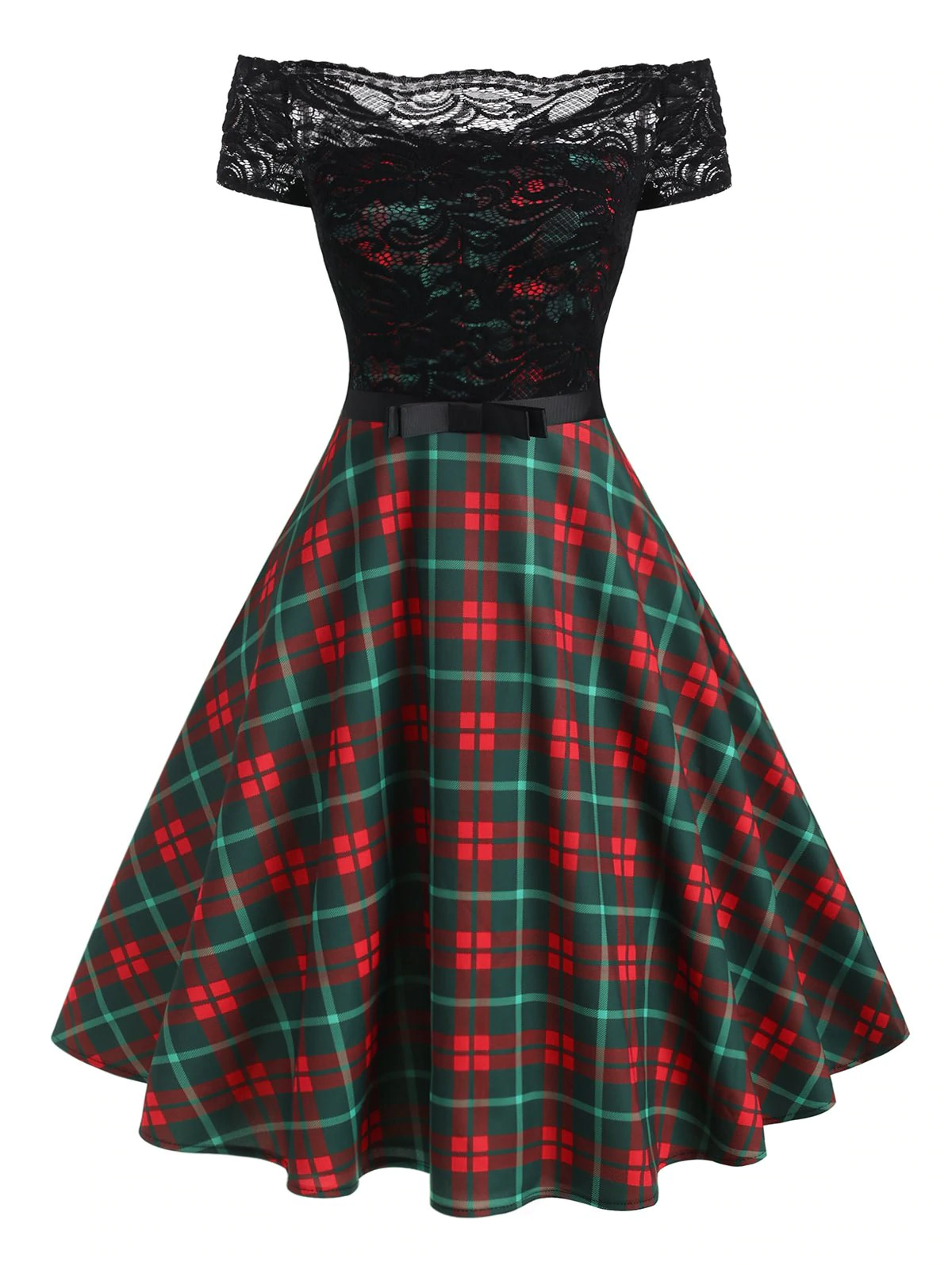 Off Shoulder Lace Insert Plaid Belted Dress