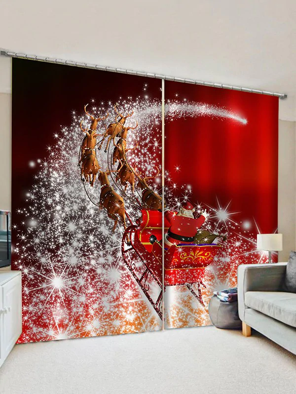 2 Panels Christmas Santa Claus Elk Sleigh Print Window Curtains