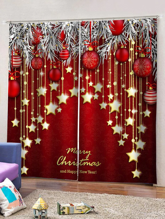 2 Panels Christmas Ball Star Pattern Window Curtains