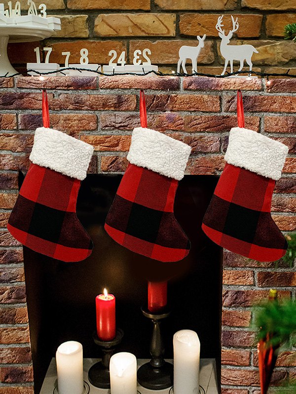 6Pcs Plaid Christmas Stocking Hanging Decor Set